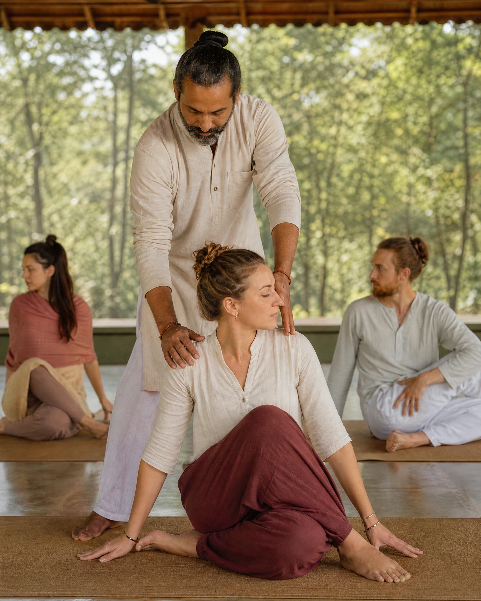 Careful yoga adjustment in a small ashram group